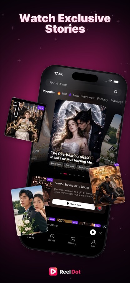 ReelDot home screen with exclusive short dramas and a Watch Now button